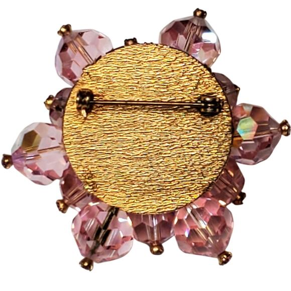 Vtg Austrian Crystal Aurora Borealis Flower Pink Cluster Gold Tone 2" Unsigned - Picture 7 of 8